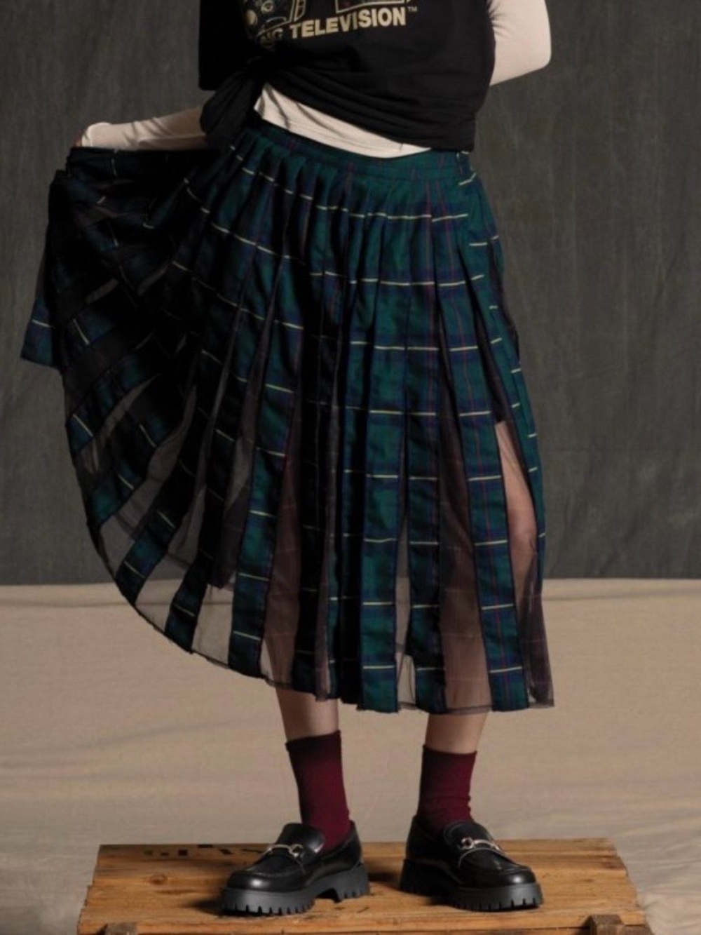 Anthropologie Pleated Plaid Tulle Knee-Length Skirt Medium NWT